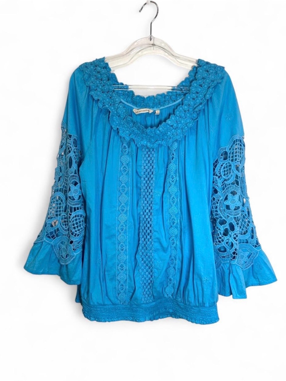 Soft Surroundings Crochet Embroidered Peasant Top Women L Blue Boho 70s Festival